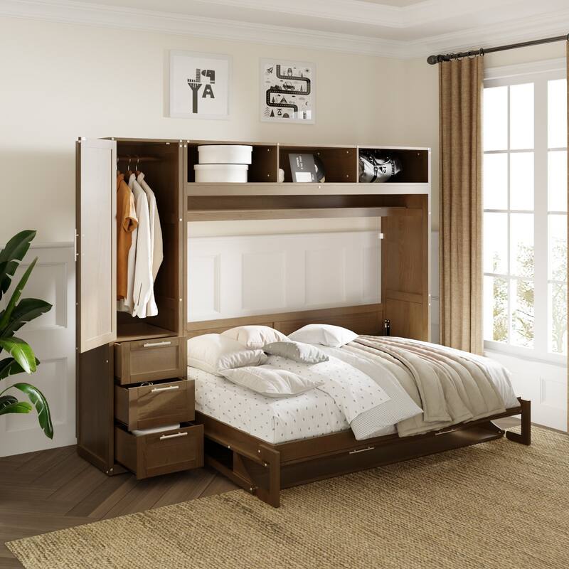 Full Size Murphy Bed with Wardrobe, Drawers & Shelves
