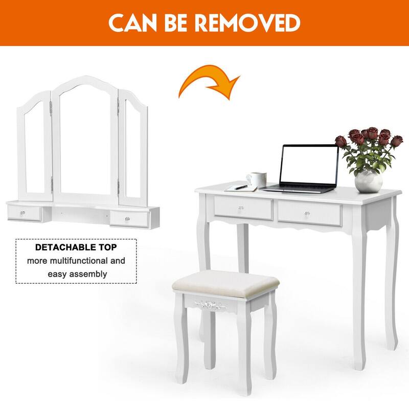 Gymax Bedroom Tri Folding Mirror Vanity Makeup Table Stool Set White