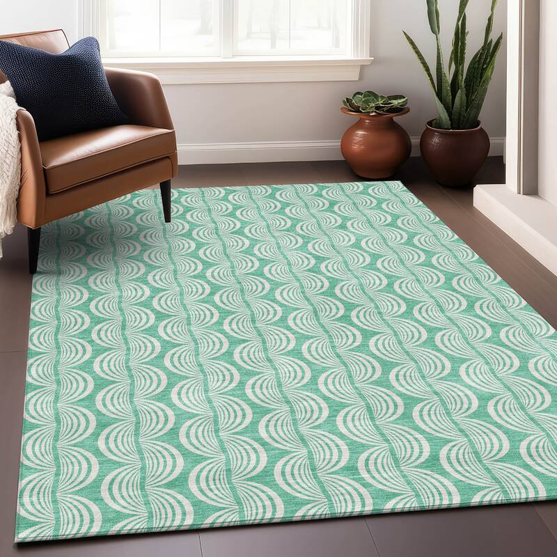 Machine Washable Indoor/ Outdoor Wavy Modern Chantille Rug - Seafoam - 9' x 12'