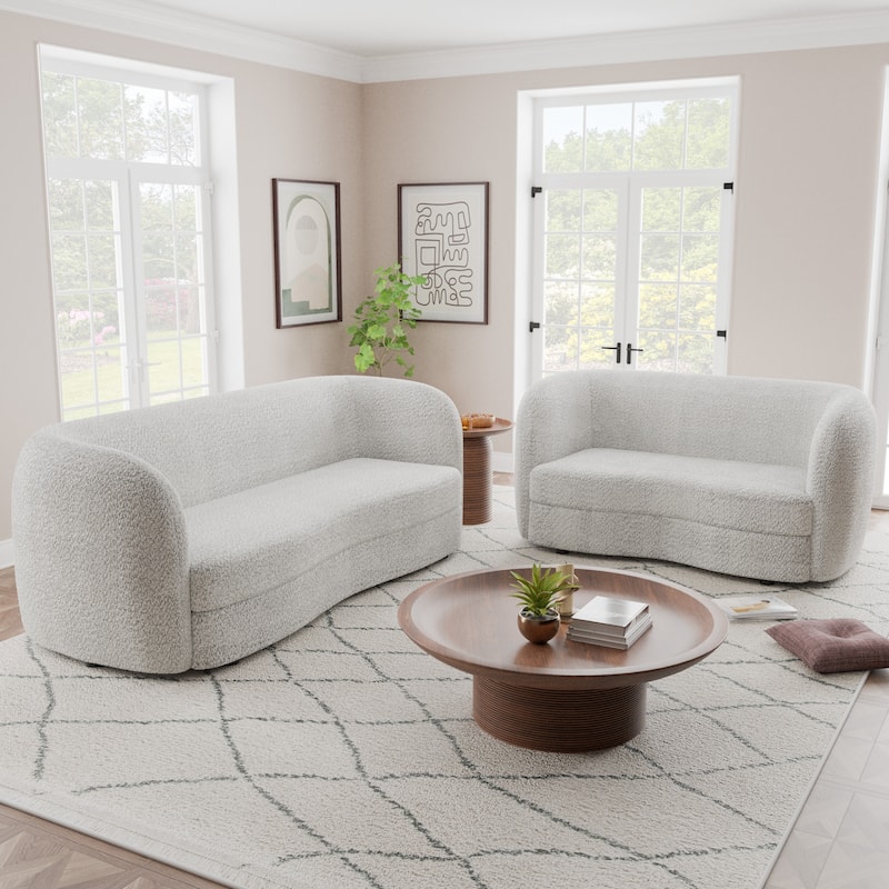 Furniture of America Ophelia Modern Curved Arms Boucle Sofa Set with Round Wooden Legs, 2-Piece or 3-Piece Options - Off-White - 2 Piece