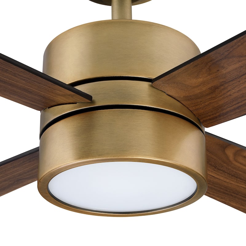 52" Wooden 4-Blade Brushed Brass LED Ceiling Fan with Remote