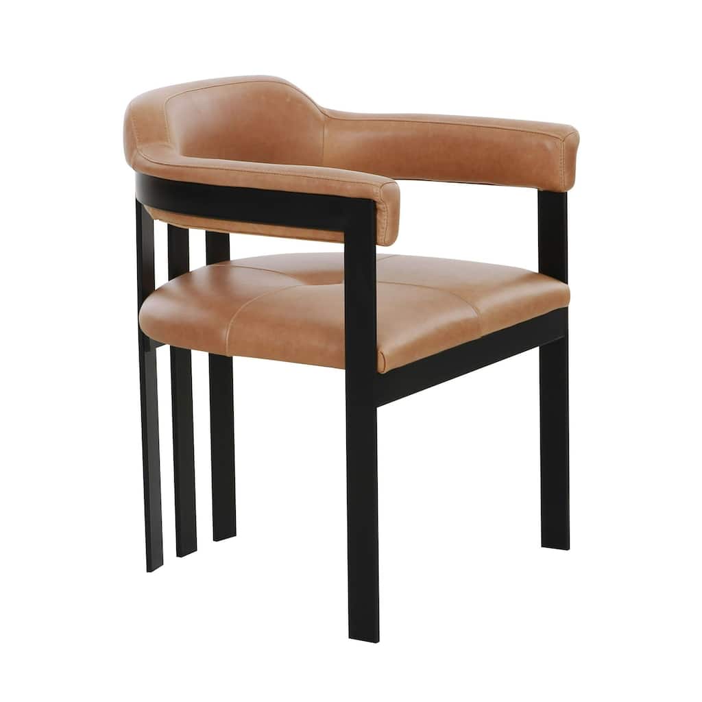 Anta Dining Chair, Black Iron Slatted Back, Plush Brown Genuine Leather