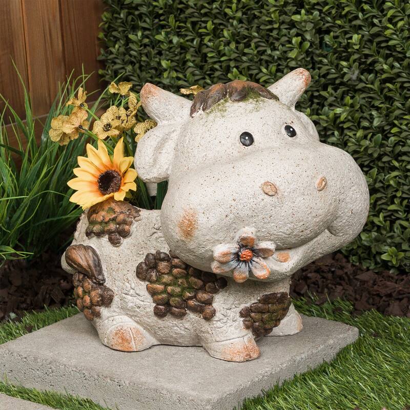 Smiling Cow Statue Planter with Drainage Hole