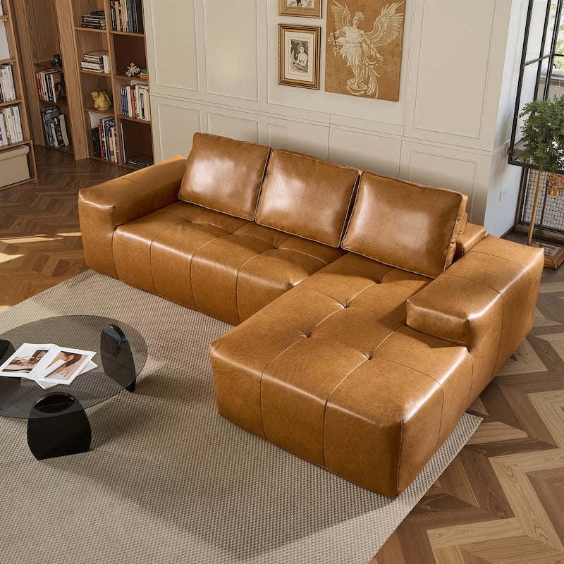 HOOOWOOO Mid-Century Modern Upholstery Fabric L-shaped Sectional Sofa - Right Chaise-Brown