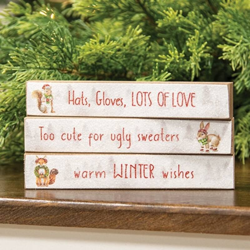 Seasonal Wooden Accent Sticks with Frosty Woodland Designs and Glittered Snow Finish 3 Asstd. - 1" H x 6" W x .5" D