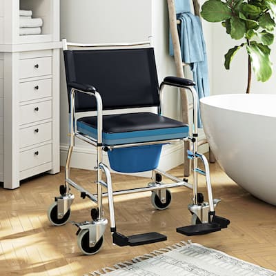 HOMCOM Rolling Shower Chair with Wheels, Bedside Commode Wheelchair with Padded Seat, Backrest, for Handicap