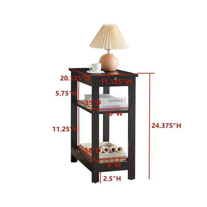 Slim Wood Side End Table with Storage Shelves & Pull-Out Tray, Nightstand for Bedroom, Living Room, Black