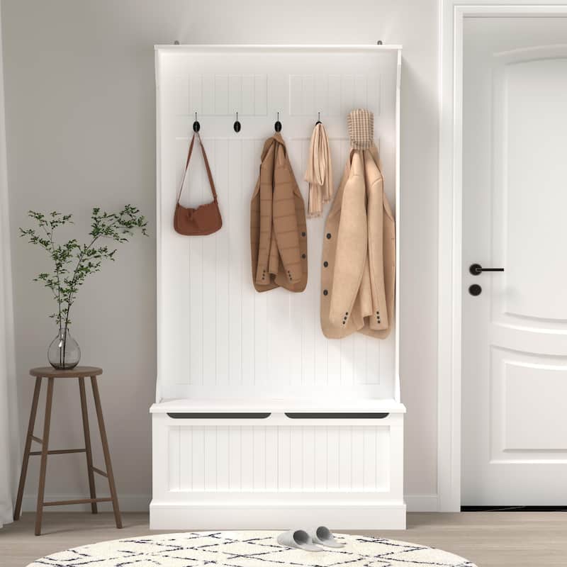 Entryway Bench with Coat Rack & Shoe Storage, 5-Hook Hall Tree for Entry Organizing