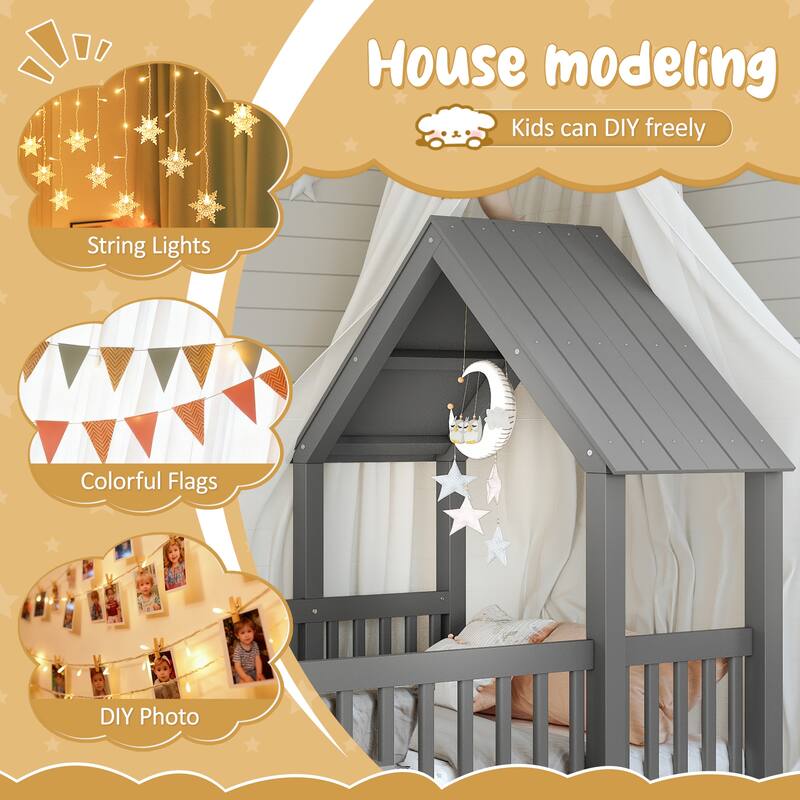 Modern House Floor Bed Frame, Double Floor Beds with Fence and Door