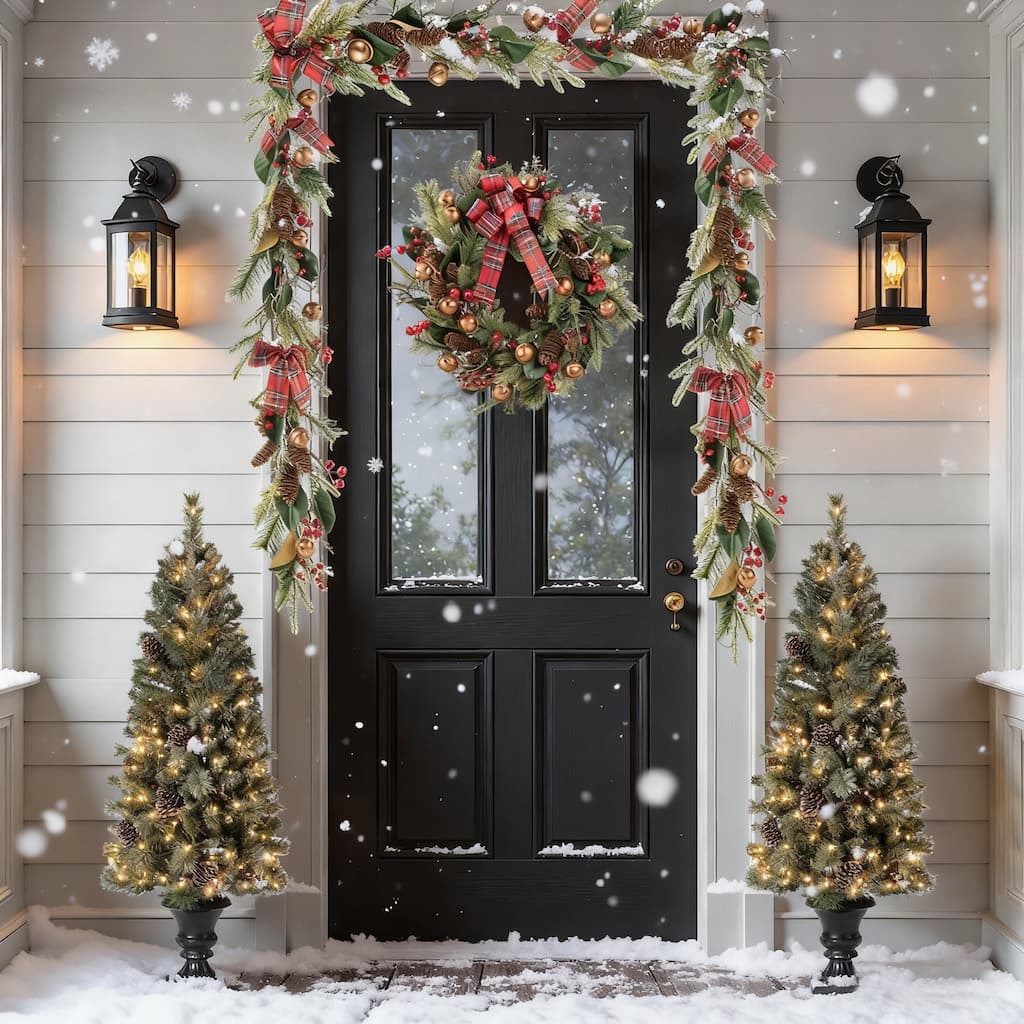 Glitzhome 4/5ft Pre-Lit Snow Flocked Christmas Tree in Pot, Berry Bow Wreath and Garland Set Xmas Decor