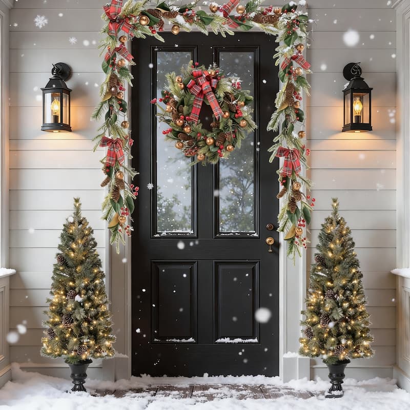 Glitzhome 4/5ft Pre-Lit Snow Flocked Christmas Tree in Pot, Berry Bow Wreath and Garland Set Xmas Decor