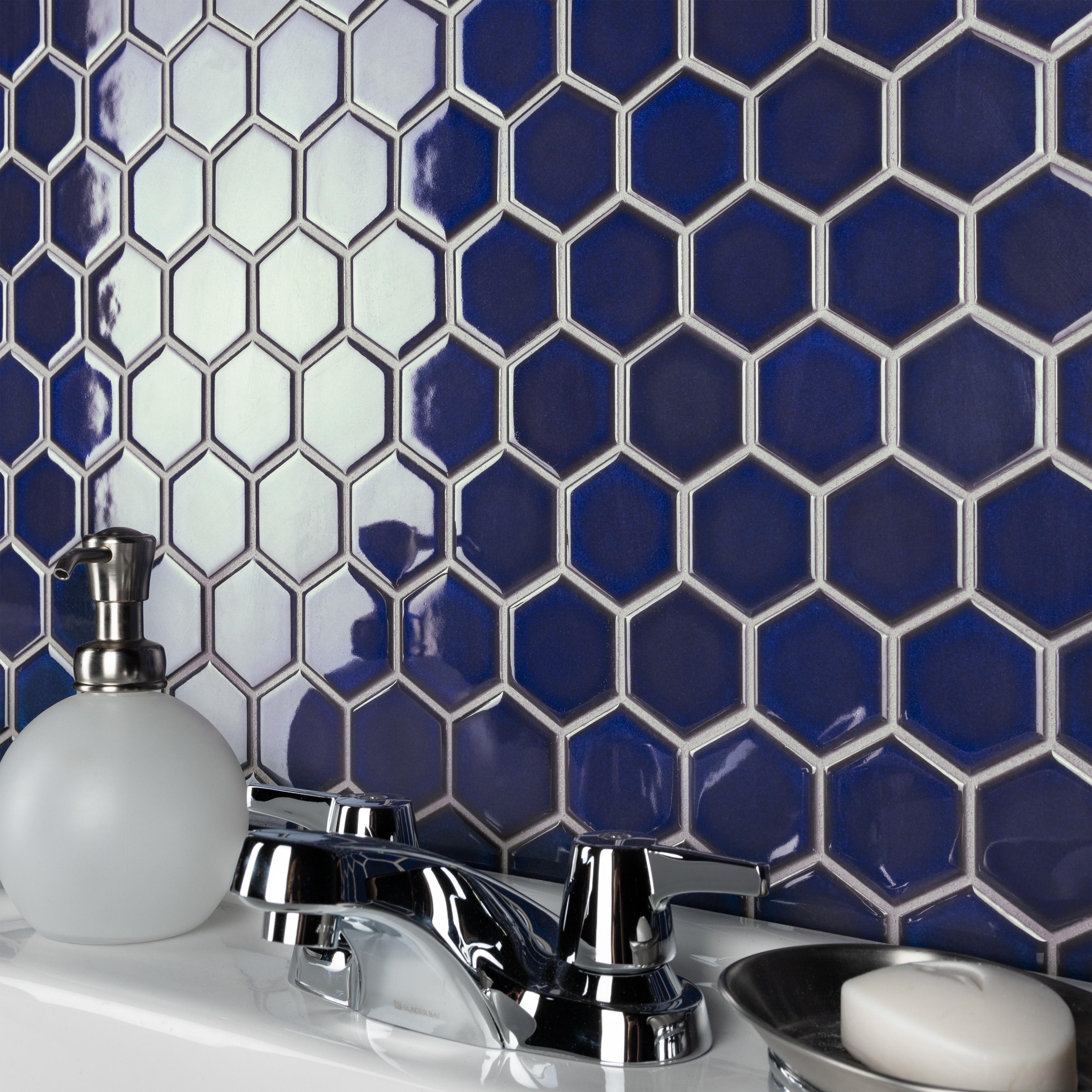 Merola Tile Tribeca 2" Hex Glossy Cobalt 11-1/8" x 12-5/8" Porcelain Mosaic Floor and Wall Tile