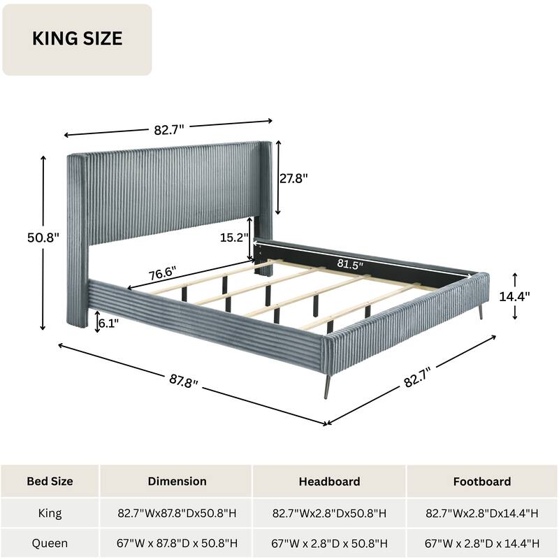 Roundhill Furniture Mavela Wide Wale Corduroy Upholstery Panel Bed with 2 Nightstands and Bench, Blue