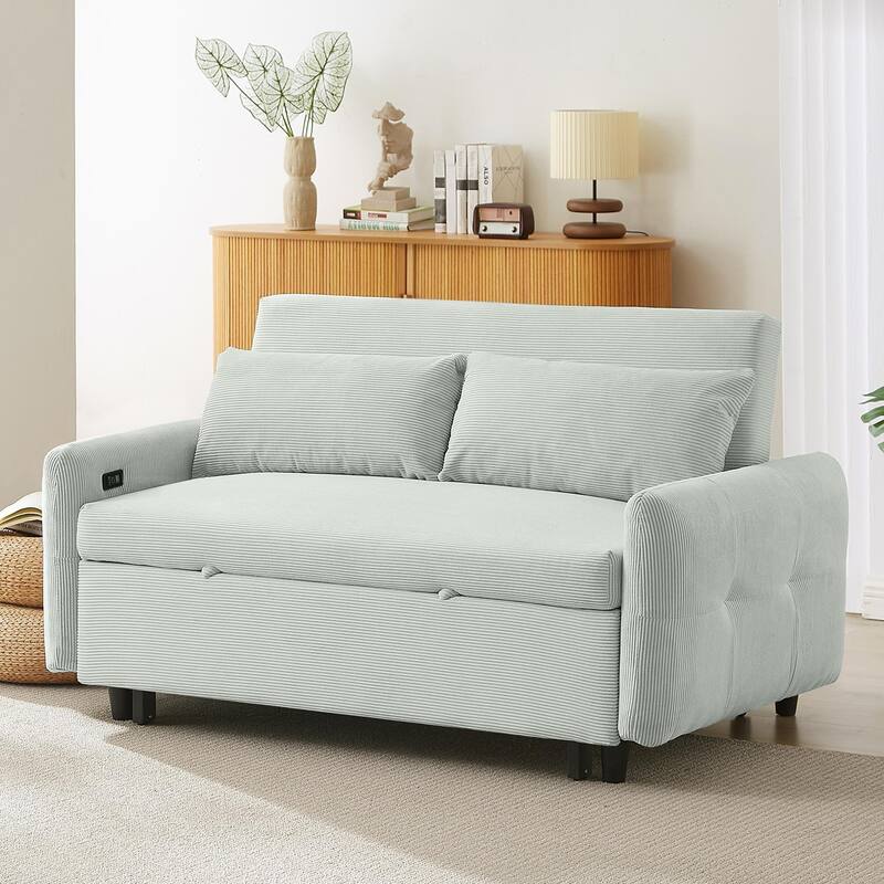 57.48" Corduroy Convertible Sofa Bed with Pull-Out Sleeper, Adjustable Backrest & USB