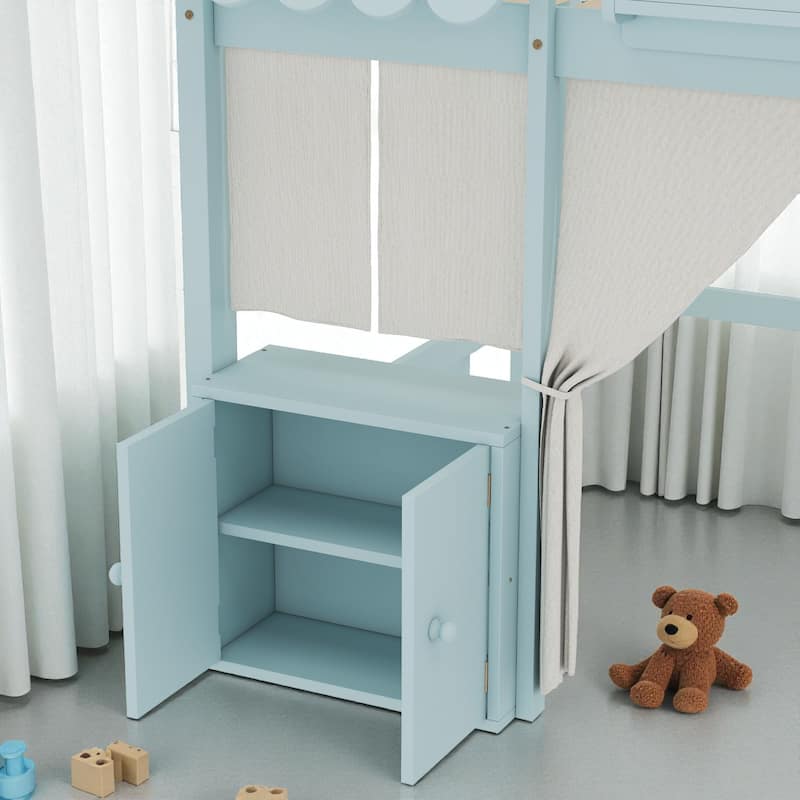 Twin/Full Loft Bed with Bookshelf, Curtain Playhouse, Storage Shelf, Cottage Roof Design and Safety Guardrails for Kids