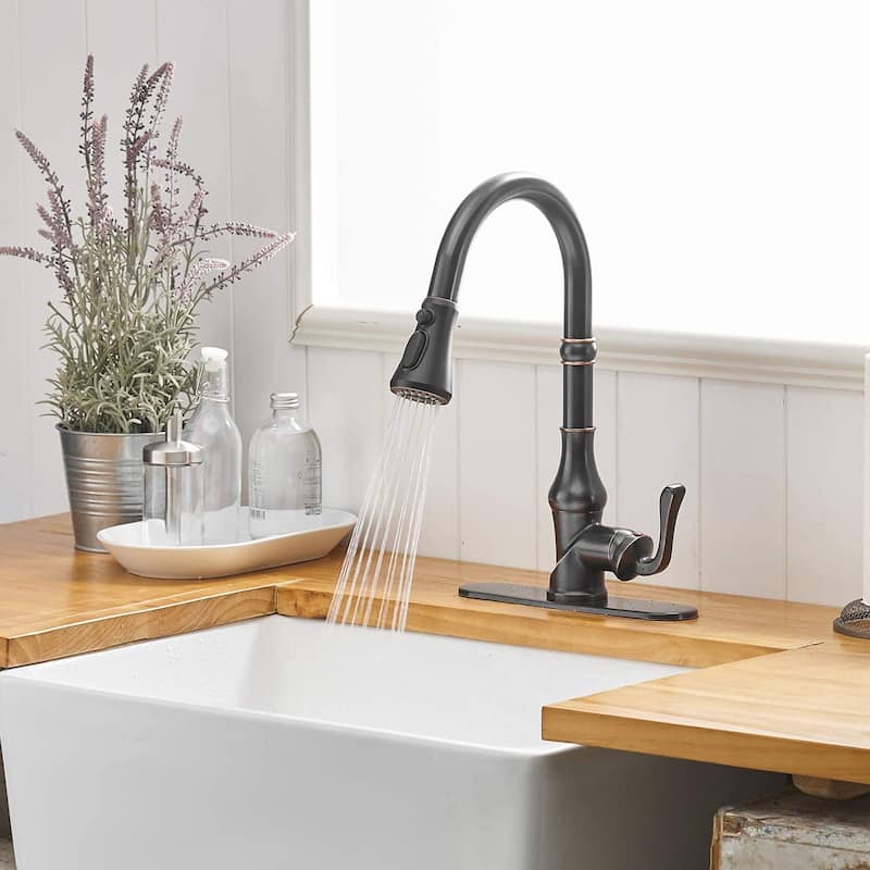 Singe Handle Pull Down Bronze Kitchen Faucet with Three Functions Sprayer - 2.28-in W x 15.9-in H
