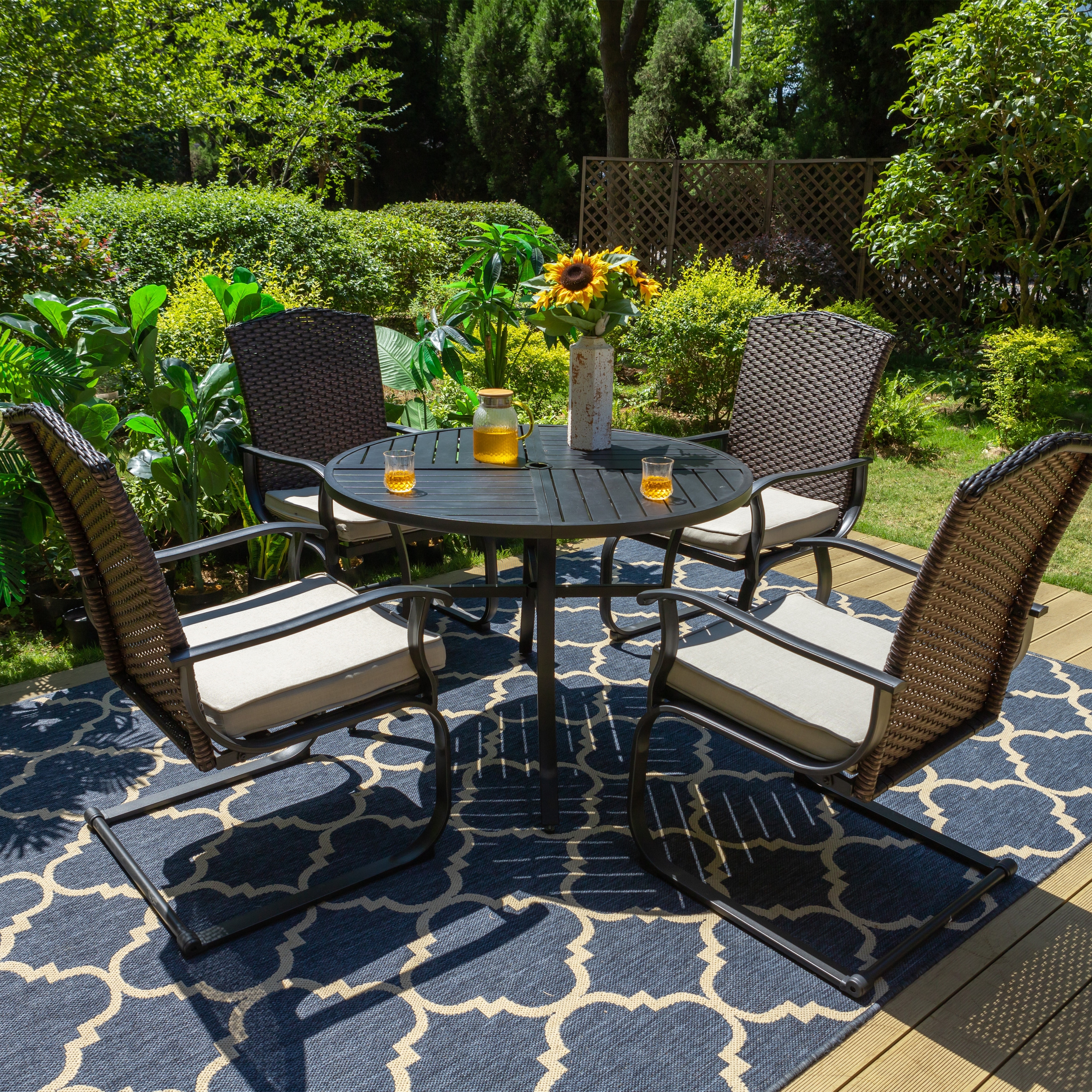 Umbrella Hole Round Wicker Outdoor Dining Set Rattan Dining Piece Garden Dining Set Uforic Pieces Outdoor Patio Dining  Table Set, Beige PE Rattan