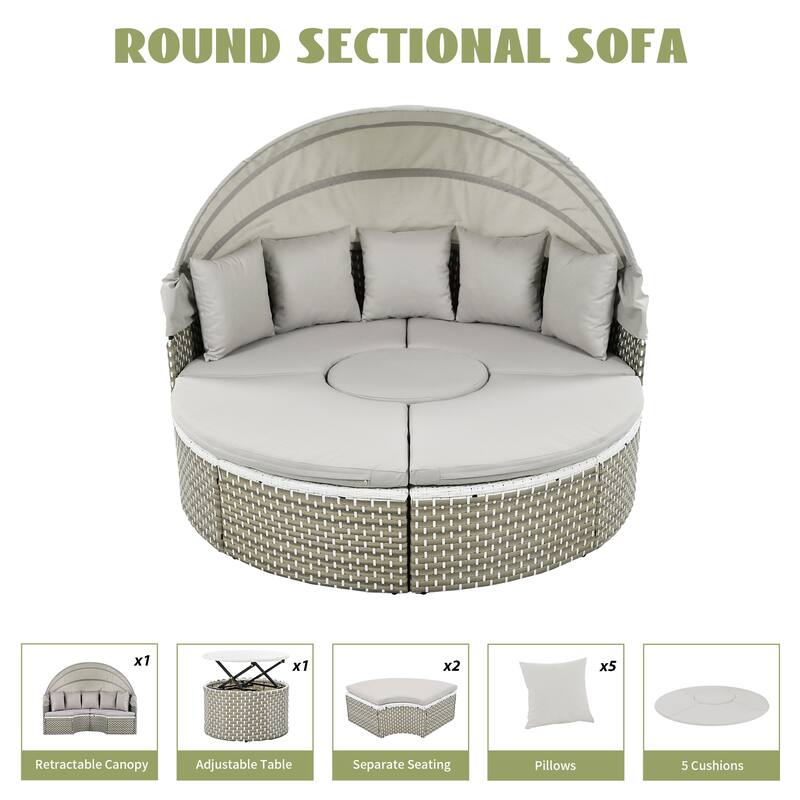 Outdoor Patio Furniture Set, Round Outdoor Sectional Sofa Set, Rattan Daybed with Retractable Canopy and Removable Cushion