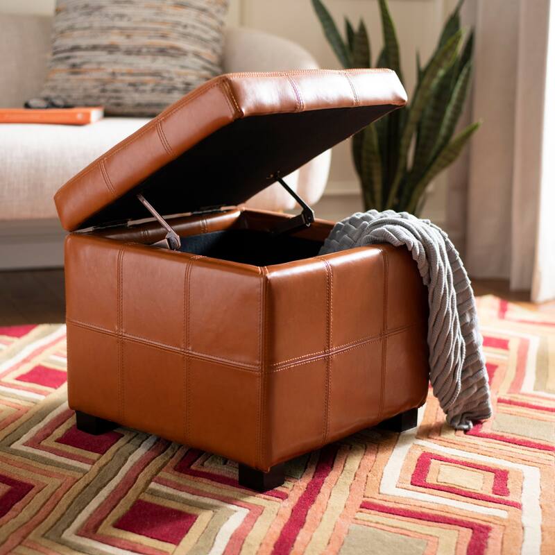 SAFAVIEH Broadway Saddle Leather Tufted Storage Ottoman