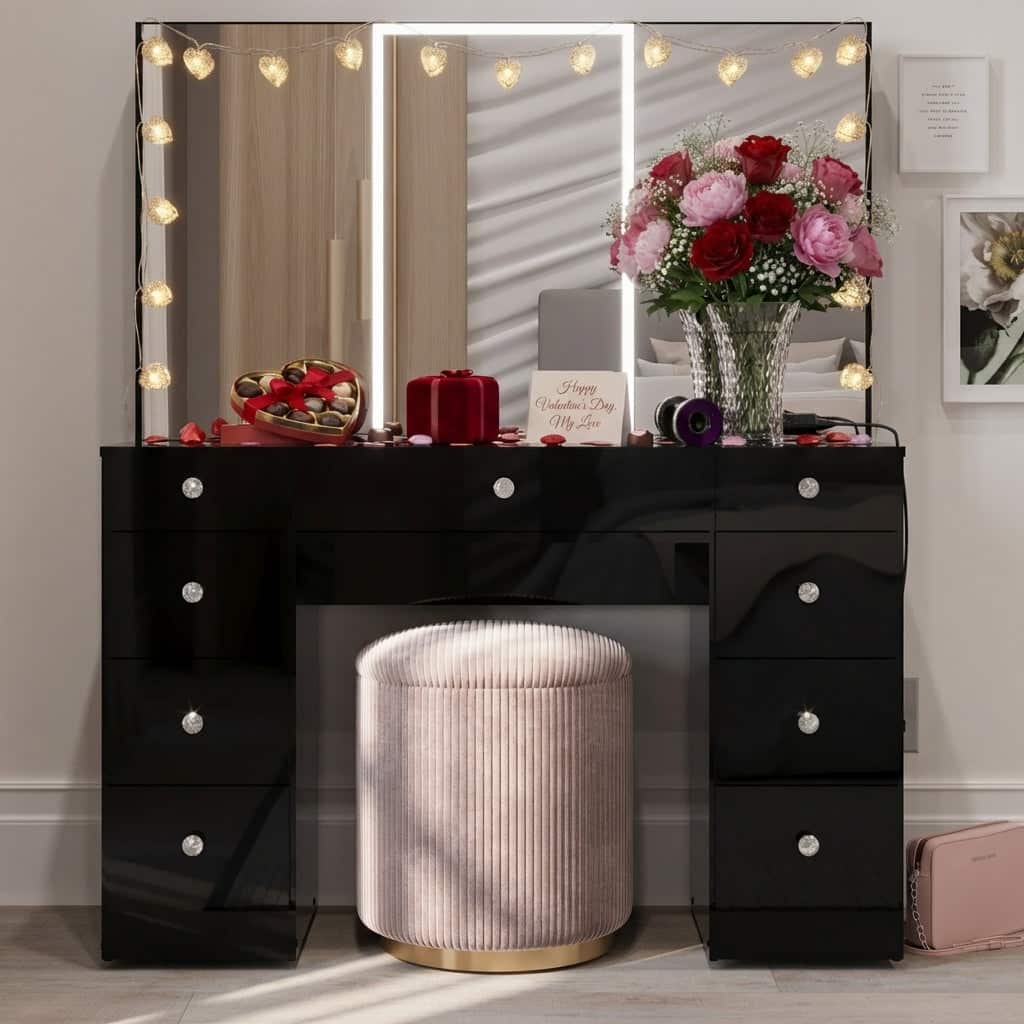 Boahaus w/Tri-Fold Lighted Makeup Vanity Desk With Glam Glass Top 9 Drawers Crystal knobs