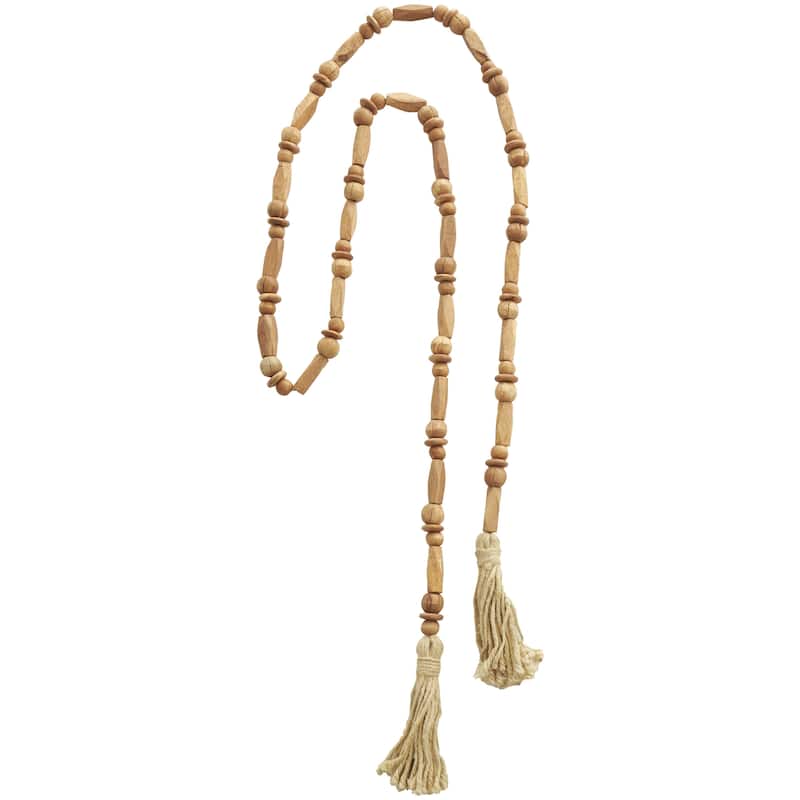 Mango Wood Handmade Rectangle Carved Geometric Long Beaded Garland with Tassel - Brown - Roche River Decor