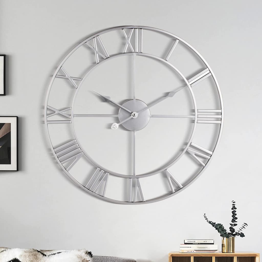 Large Wall Clock, Metal Retro Roman Numeral Clock, Modern Round Wall Clocks Almost Silent, Easy to Read 24 Inch