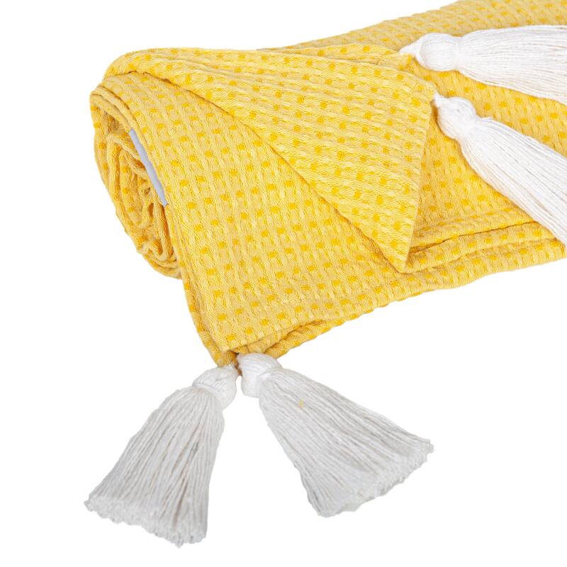 HomeRoots 50" X 60" Yellow Woven Cotton Throw Blanket with Tassels