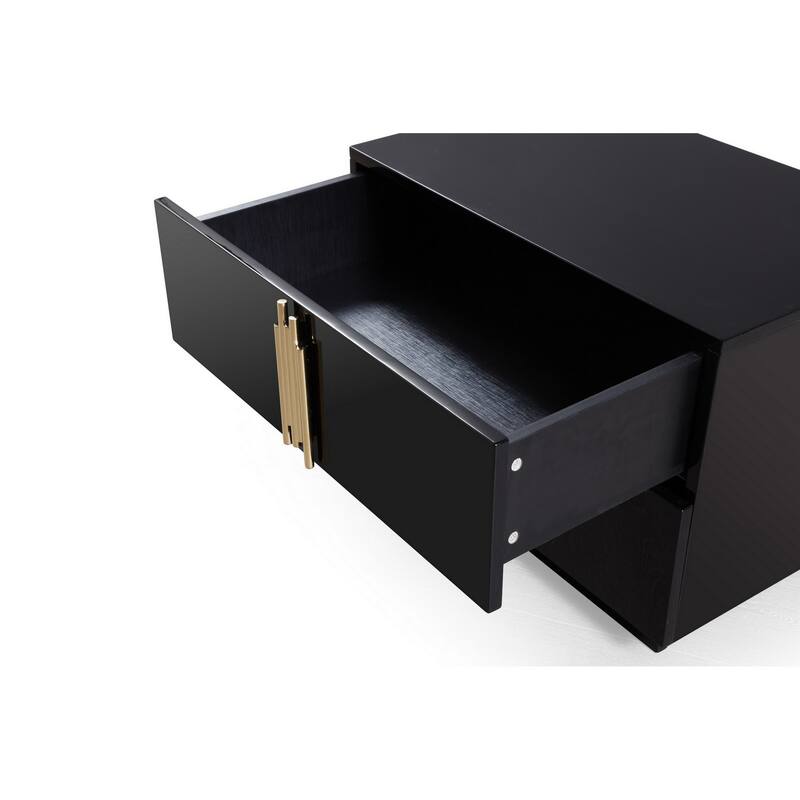 28 Inch Nightstand, Modern Vertical Gold Handles, 2 Drawers, Black Finish