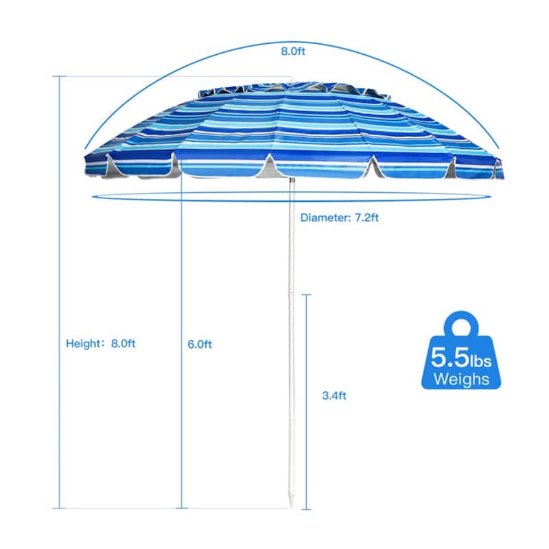 Large 8ft Beach Umbrella with Tilt and 16 Fiberglass Ribs for Beach or Patio Carry Bag Included
