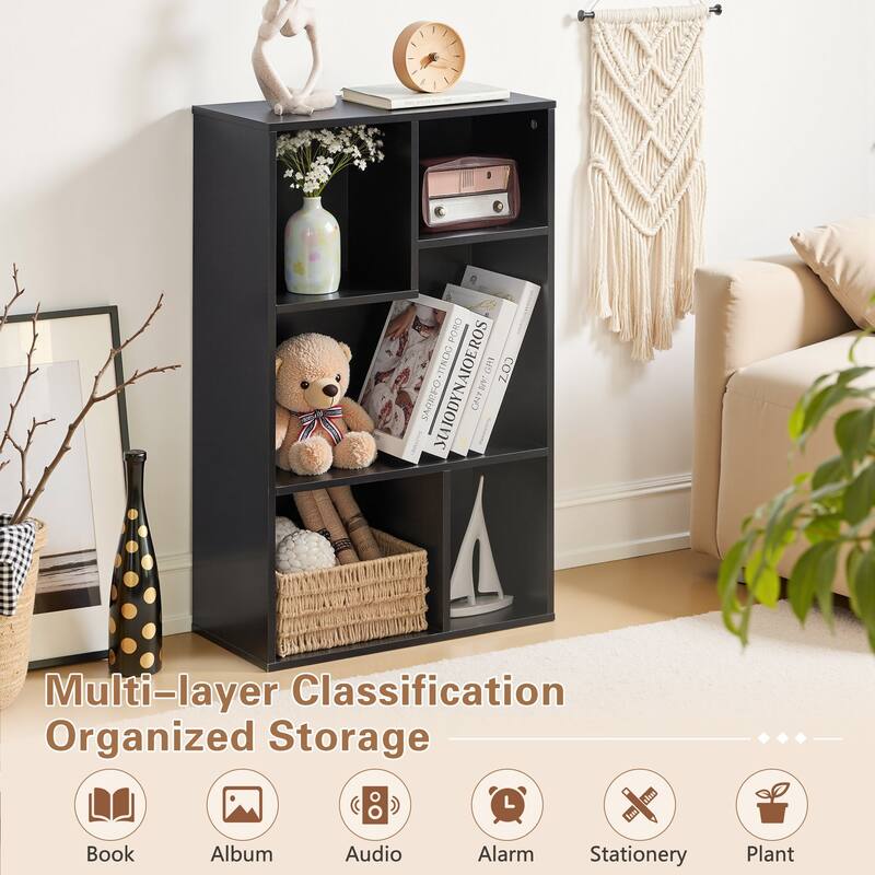 VECELO Widened Version, 3-Tier Five Open Cube Wooden Bookcase Organizer, Bookshelf, Book Storage