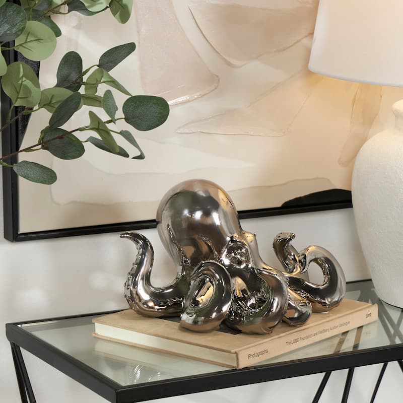 Silver Ceramic Octopus Decorative Sculpture with Textured Tentacles - Silver