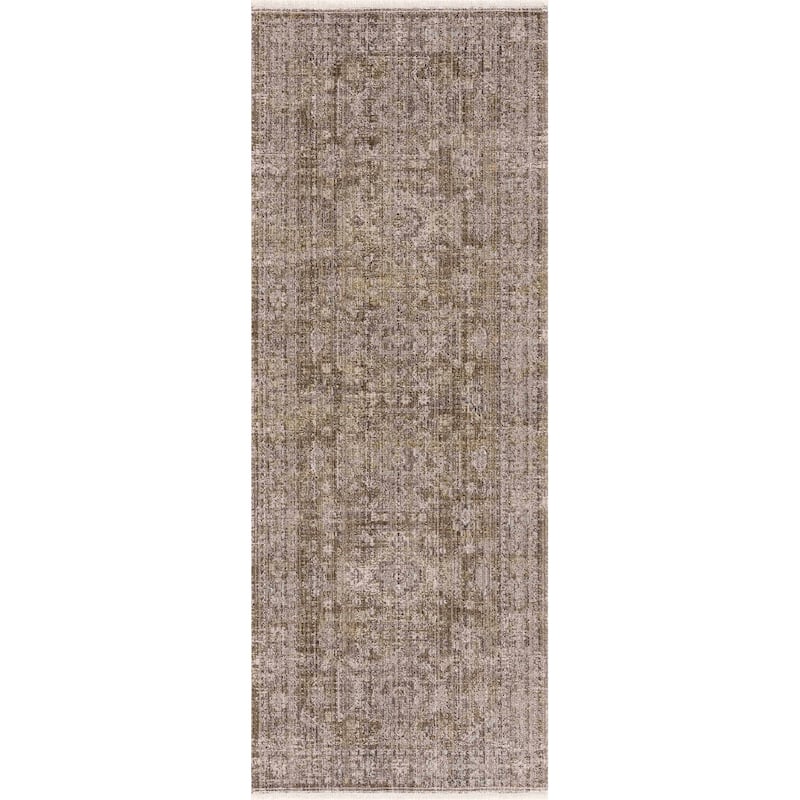 Hauteloom Yamir Hallway, Kitchen Machine Washable Patio Outdoor Runner Rug - Dark Brown, Sage Green - 2'7" x 7'3"