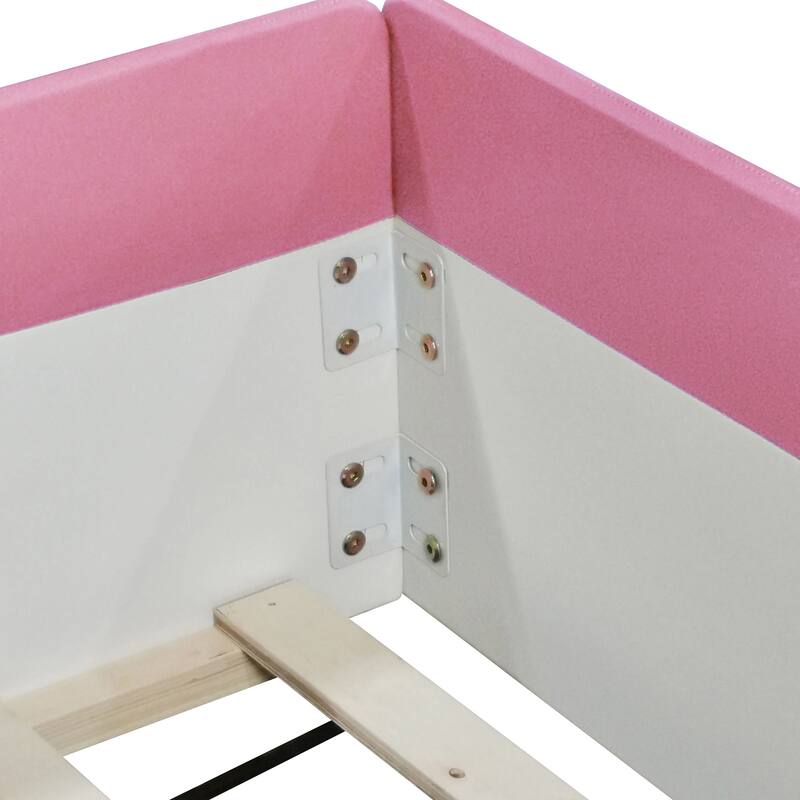 King Size Upholstered Daybed Frame with Fence and Stairs,(Pink+White)
