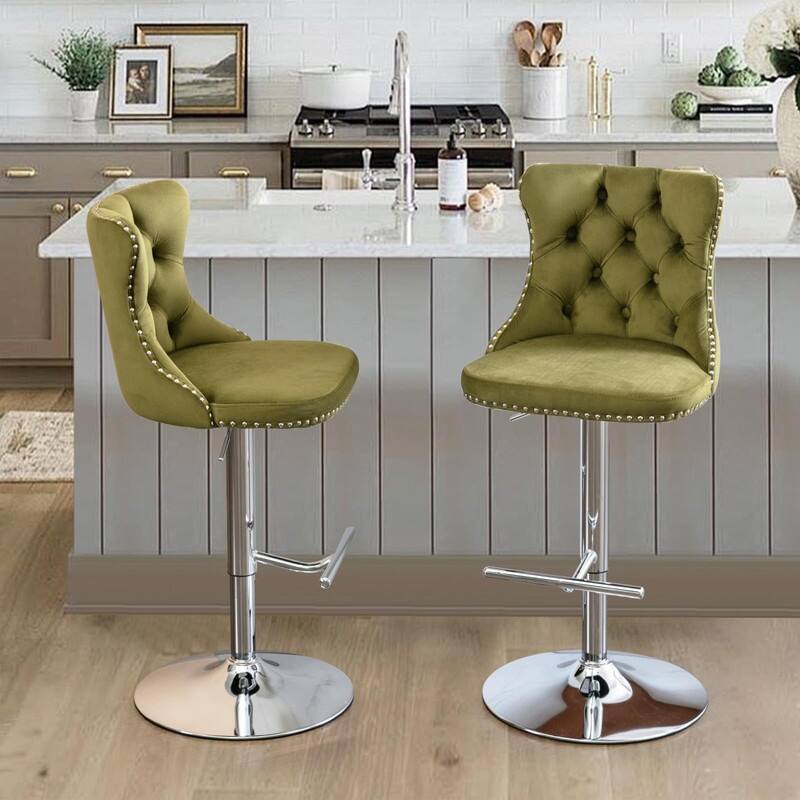 Velvet Upholstered Nailheads Tufted Swivel Bar Stools (Set of 2)
