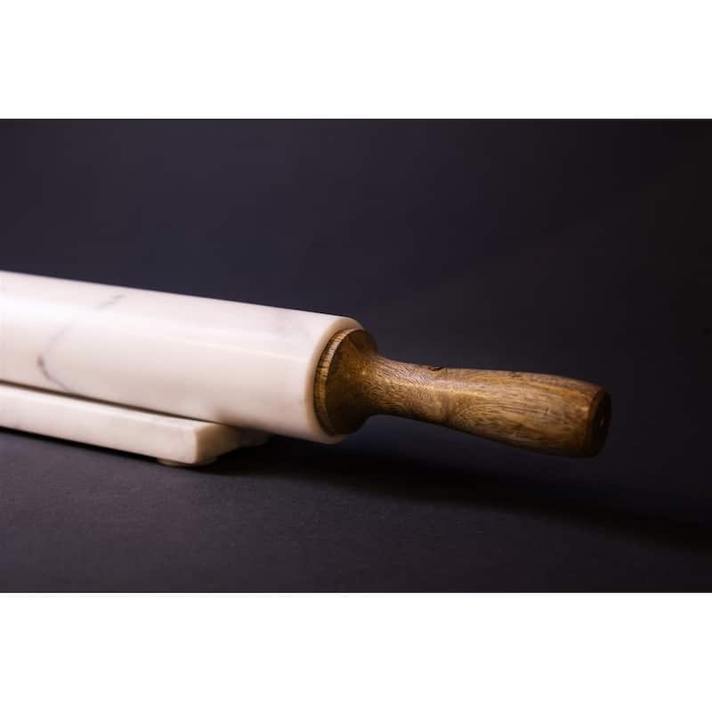 White Marble & Mango Wood Rolling Pin w/ Base (labeled 792715) - White