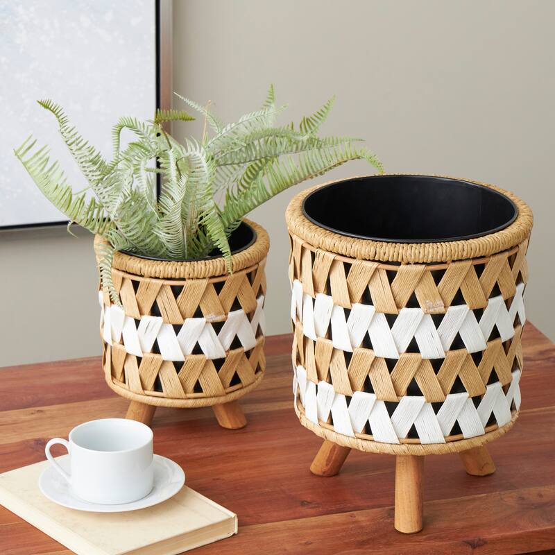 Brown Jute Rope Handmade Woven Chevron Geometric Indoor Planter with Black Metal Pots and Wooden Legs (Set of 2) - Brown