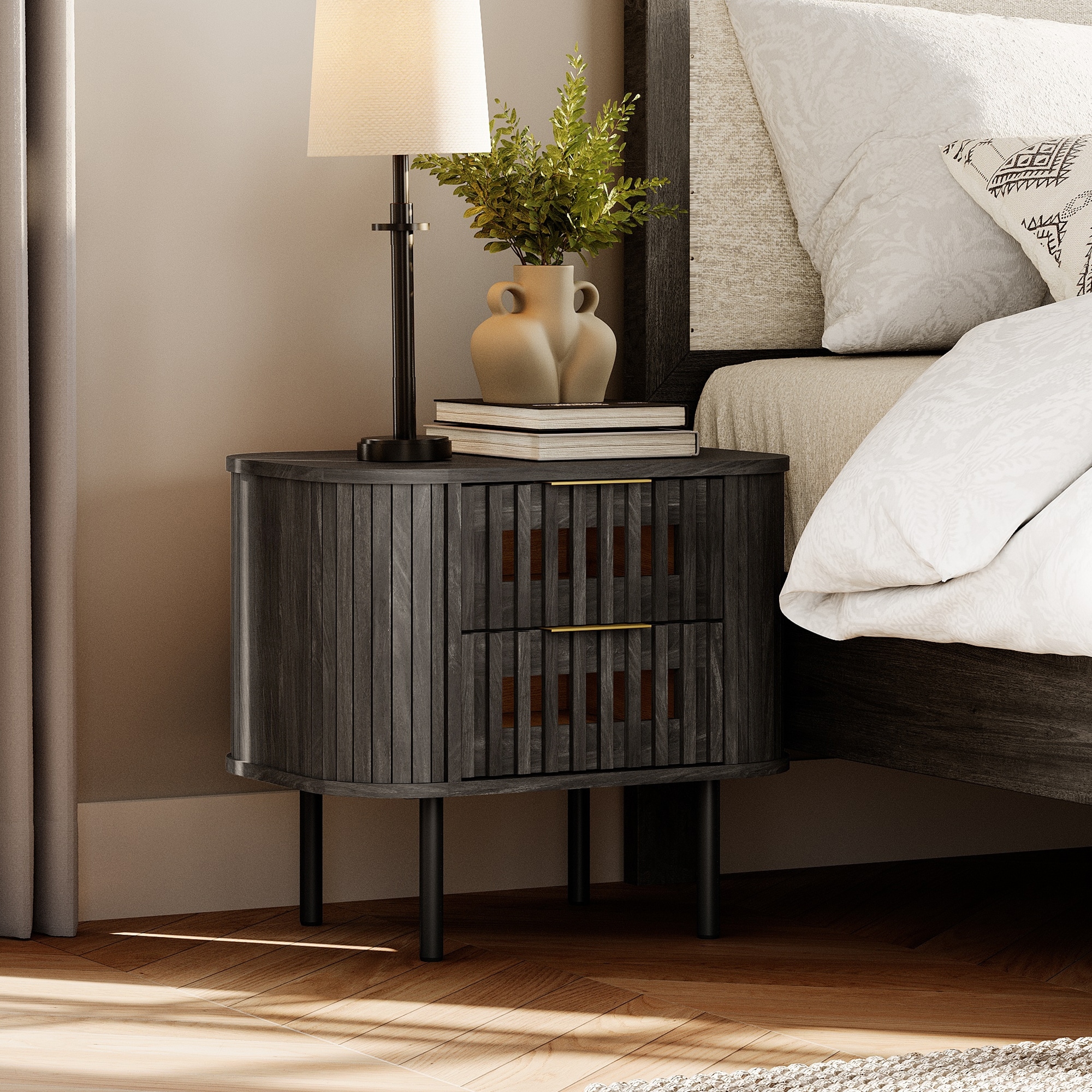 WAMPAT Fluted Nightstand with 2 Drawers,Wood End Table for Bedroom, Living Room