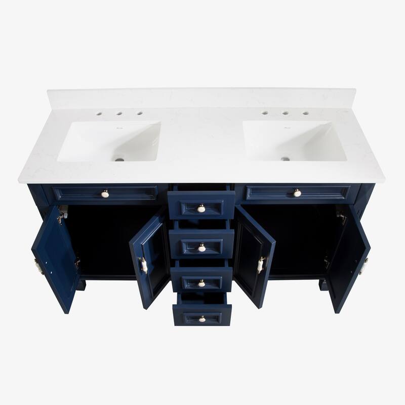 35'' H Solid Wood Bath Vanity with Stain-resistant Carrera White Quartz Top and Double Sink