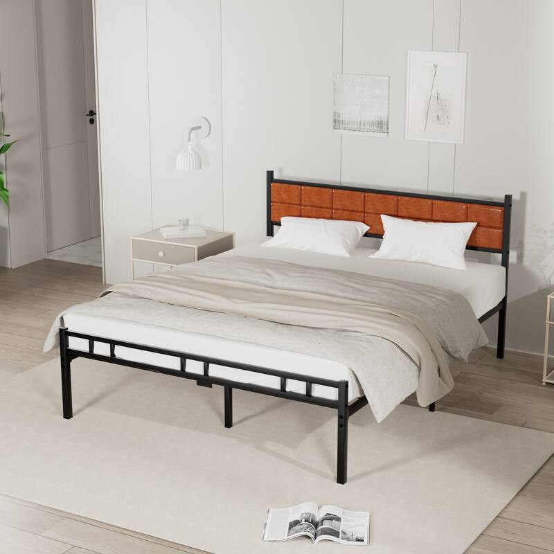 Javlergo Metal Bed Frame with PU Upholstered Headboard, No Box Spring Needed