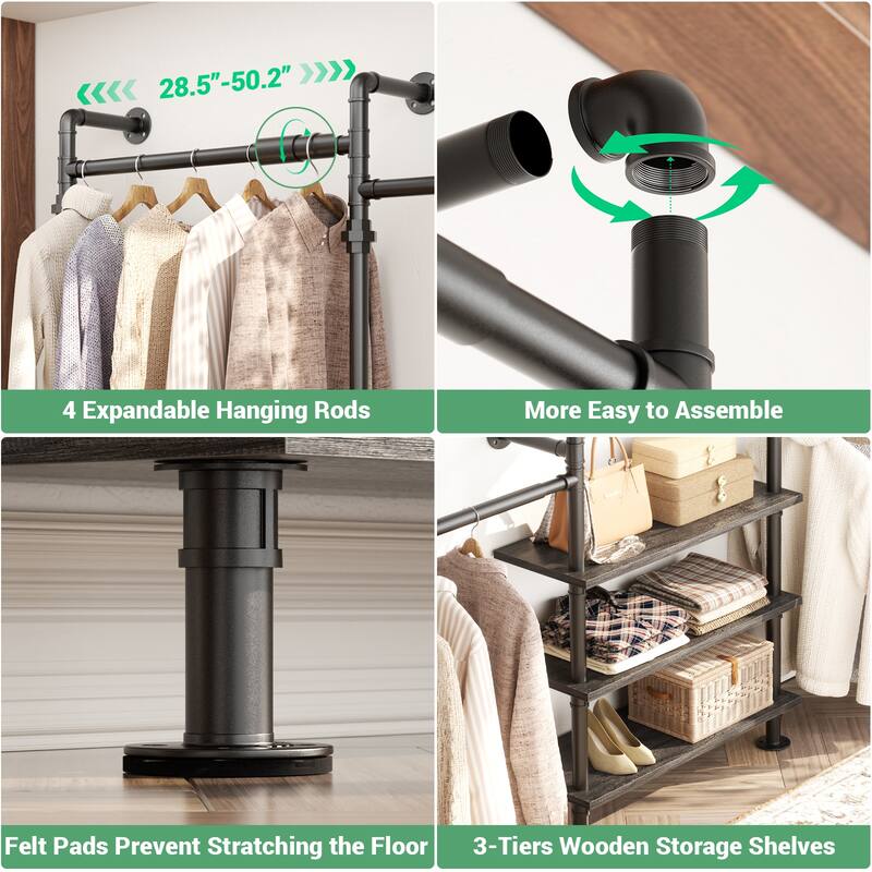 Industrial Pipe Garment Rack with Expandable Hanging Rods and Shelves,Reversible Walk-in Closet Organizer System Clothing Rack
