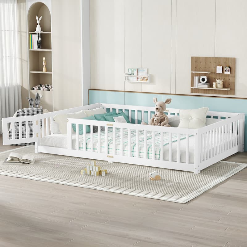 Montessori Toddler Floor Bed with Fence and Switchable Door, Low Profile Bed Frame with Removable Slats, Safe Transition Bed