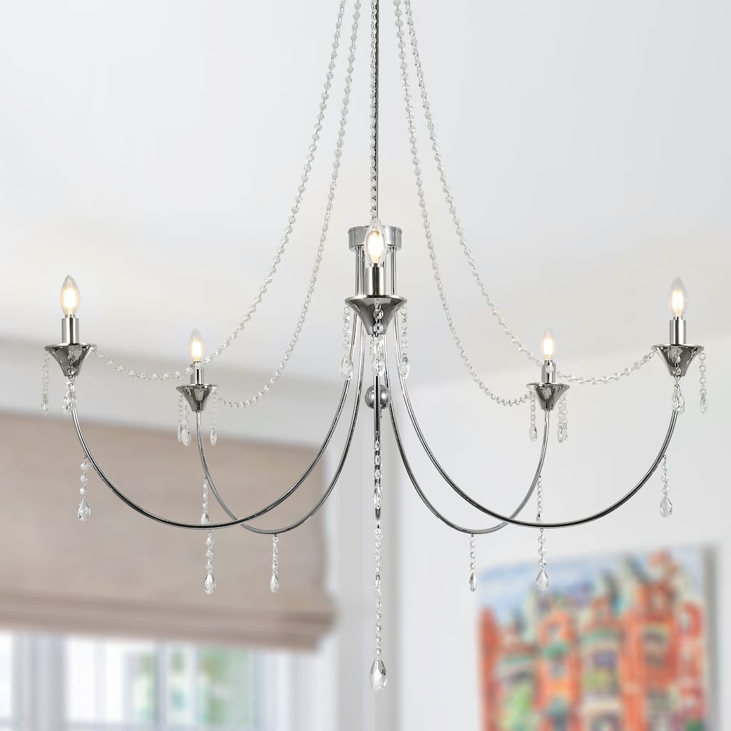 CurveCurio Elegant 42" Chrome Chandelier with Crystal Beads and Five Lights for Sophisticated Dining Rooms and Kitchens