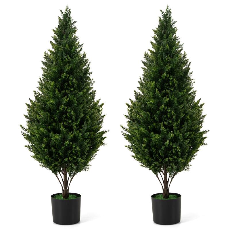 Gymax 4 FT Artificial Topiary Tree Set of 2 Faux Topiary Cedar Trees - Green