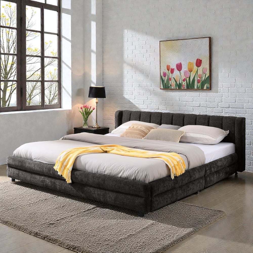 King Upholstered Bed Frame with Chenille Fabric, Soft Headboard and Underbed Storage Drawer, Modern Platform Design