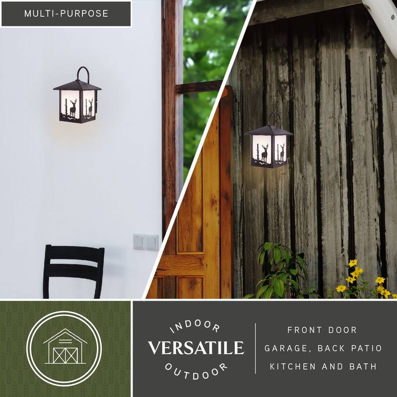 Bryce 1 Light Bronze Rustic Deer Tree Outdoor Wall Lantern White Glass - 8-in W x 12.5-in H x 9-in D