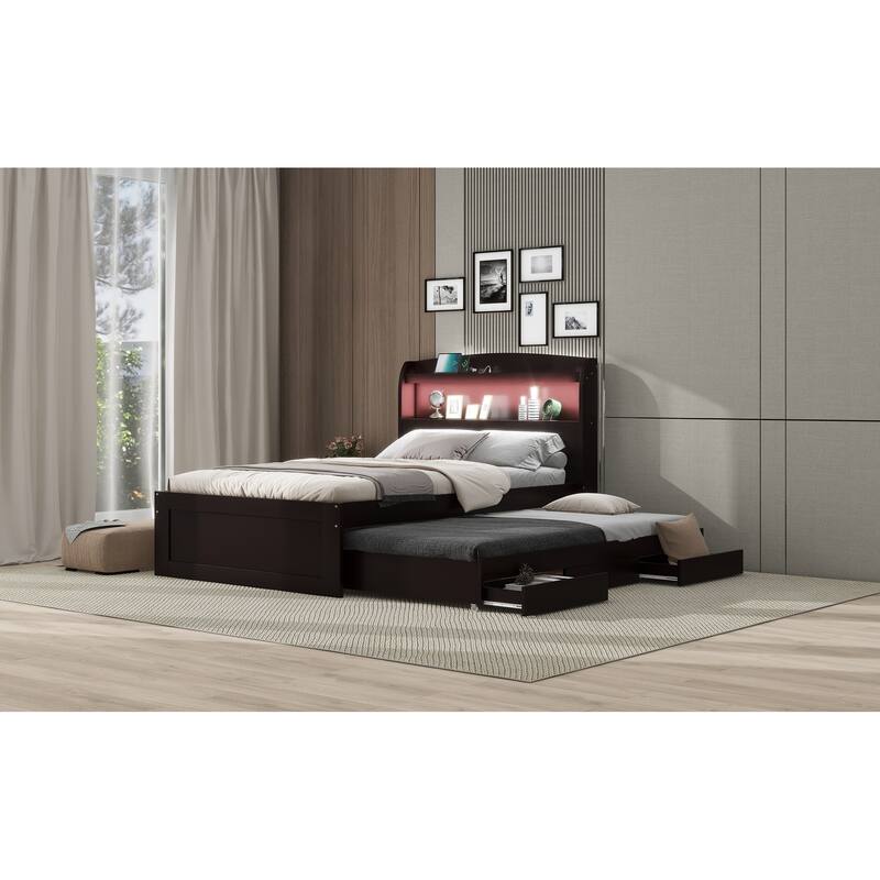 Twin XL Platform Bed with LED Headboard, Charging Station, Twin Trundle & 2 Drawers, Space-Saving Design