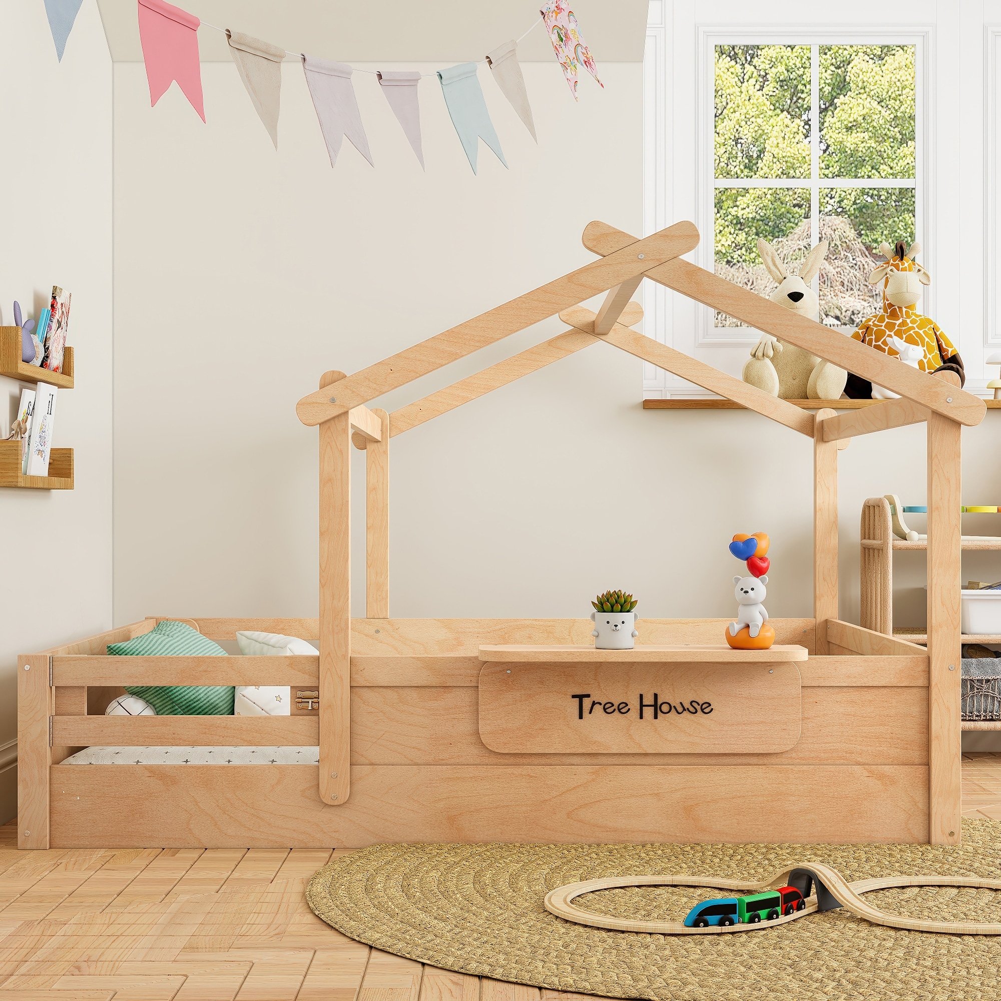 Kids' House Floor Bed Featuring Guardrails and Roof, Equipped with a Small Built-in Tray and Free-installed Signboard.
