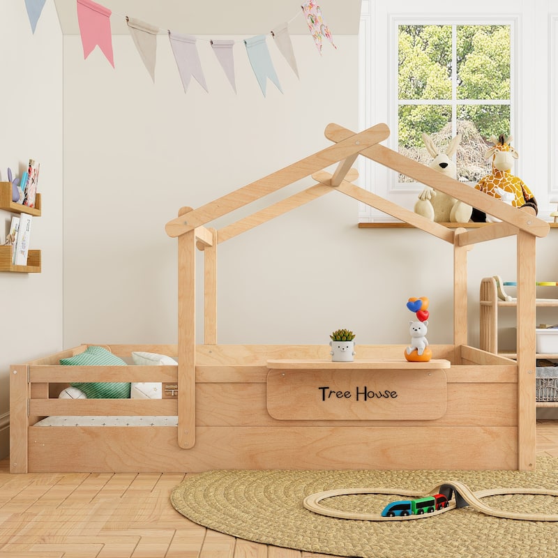 Kids House Floor Bed with Guardrails, Roof & Built-in Tray - Queen/Full/Twin Size, Childlike Design