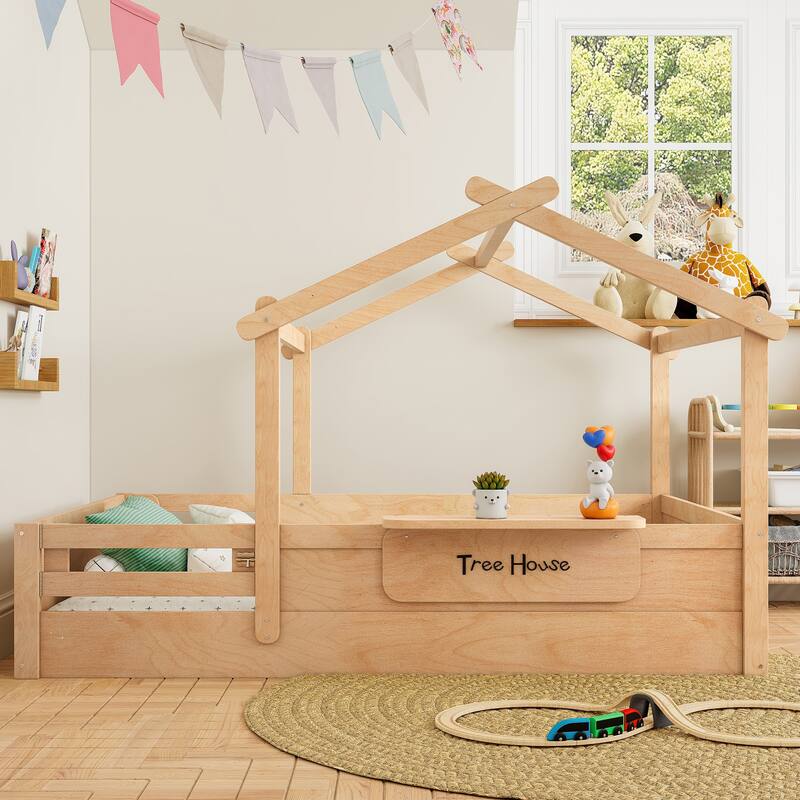 Montessori Floor Bed of 3 Kinds Size, House-shaped Platform Bed with Small Built-in Tray, Signboard and No Slats Design