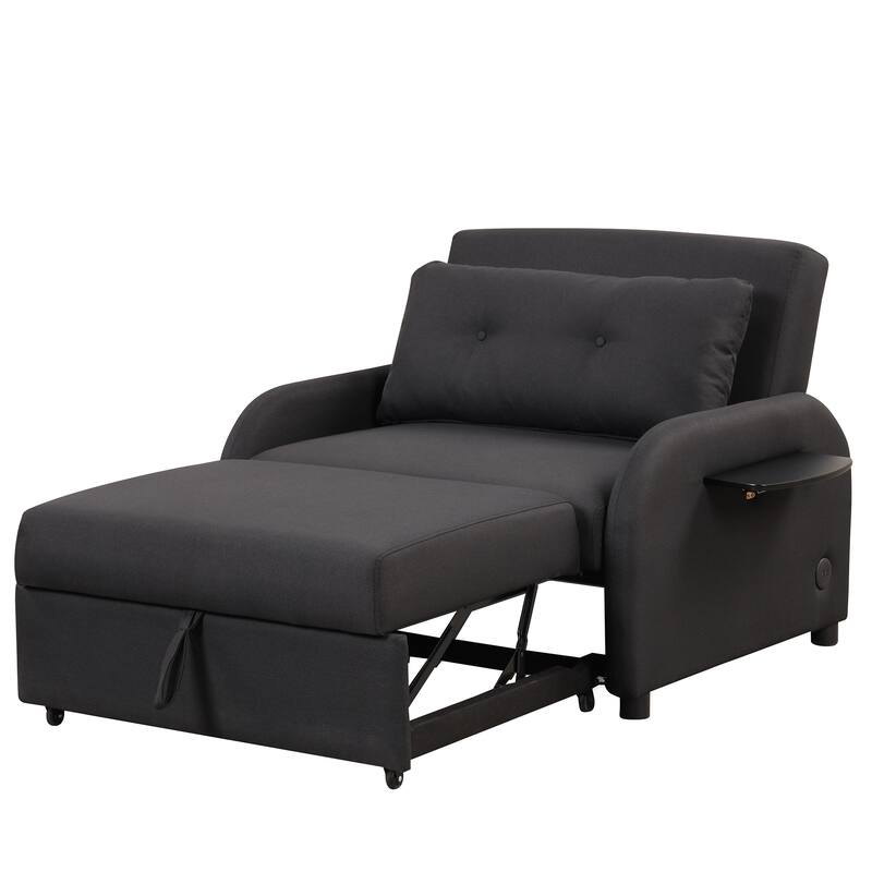 3-in-1 Pull Out Sofa Sleeper with 2 Wing Table and USB Charge, Black Linen, Living Room Use